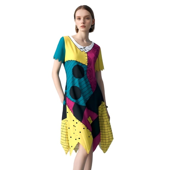 Halloween Patchwork Dress Costume Gothic Nightmare Cosplay Short Sleeve Ragdoll Outfit for Theme Party