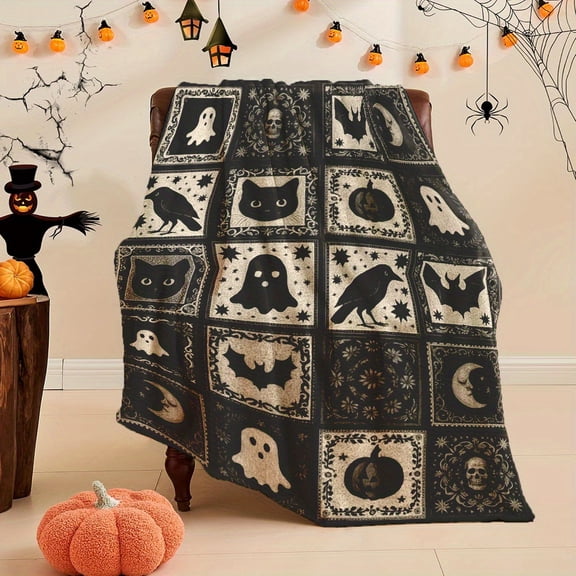 Halloween Patchwork Flannel Throw Blanket with Ghosts, Pumpkins, Bats - Soft Warm Cozy Blanket for Naps, Camping, Travel, Office & Home Decor Gift