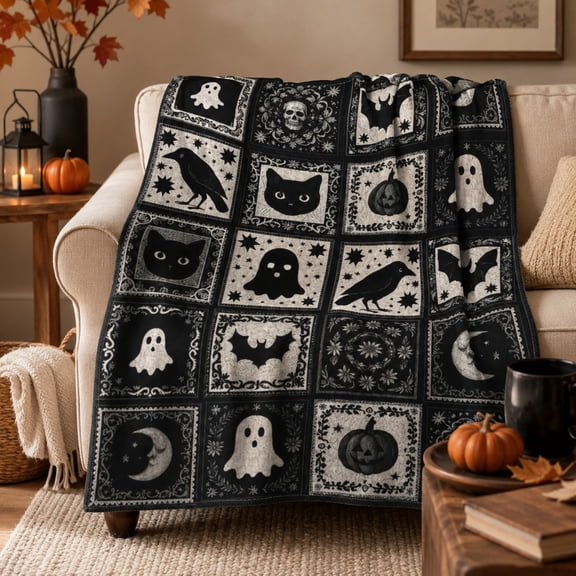Halloween Patchwork Black and White Ghost Bat Pumpkin Cat Skull Spooky Fall Fleece Throw Blanket, Soft 280 GSM Polyester