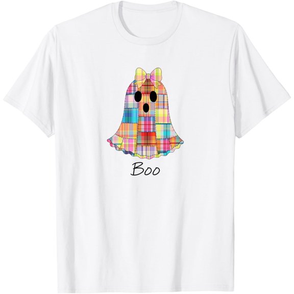 Halloween Patchwork Ghost Colorful Madras Plaid Holiday T-Shirt, Size S-5XL