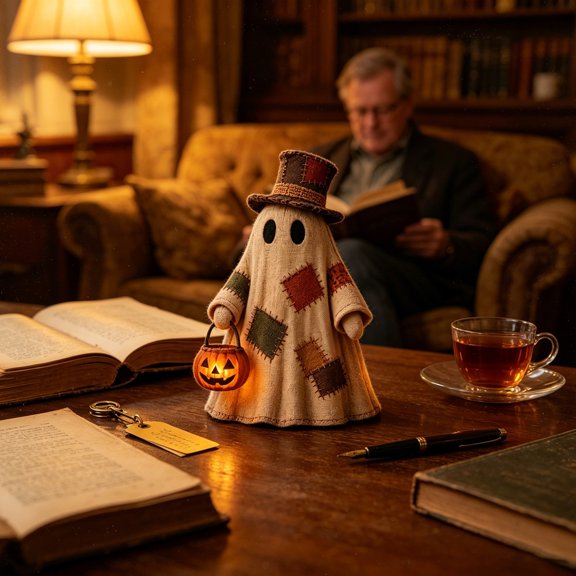 Halloween Patchwork Ghost Figurine Top Hat Light Up Pumpkin for Holiday Decor