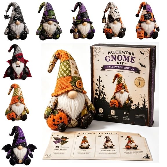 Halloween Patchwork Gnome DIY Kit, No Sewing Required Pre-Cut Fabric Craft Set with Stuffing & Thread, Cozy Home Decor for Adults Teens Kids, Shelf Mantel Table Display, G