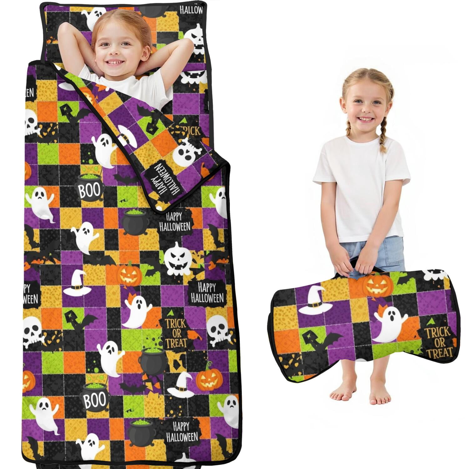 Halloween Patchwork Icons Pattern Kids Nap Mat, Daycare Sleep Mat with ...