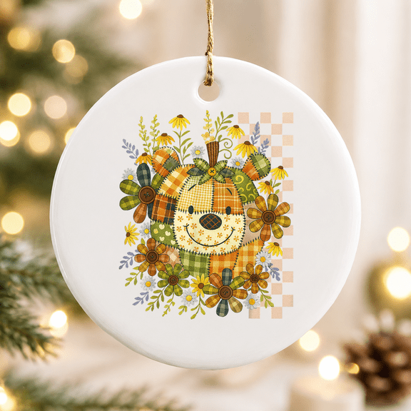 Halloween Patchwork Pumpkin Bear Floral Fall Christmas Ornament, Spooky Holiday Decor, Ceramic Ornament