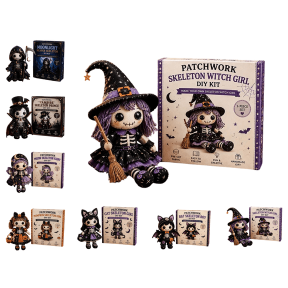 Halloween Patchwork Skeleton Witch Girl DIY Kit, Spooky Cute Skeleton Series Patchwork Kit, Beginner-Friendly Gothic Handmade Craft Set for Halloween Decor (Skeleton Witch Girl)