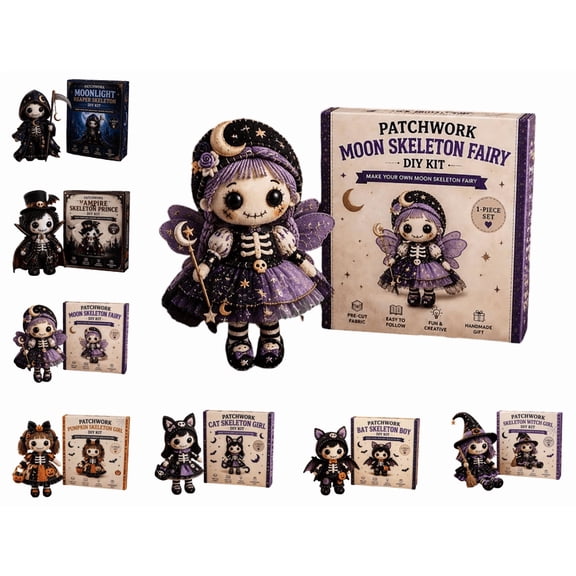 Halloween Patchwork Skeleton Witch Girl DIY Kit, Spooky Cute Skeleton Series Patchwork Kit, Beginner-Friendly Gothic Handmade Craft Set for Halloween Decor (Moon Skeleton Fairy)