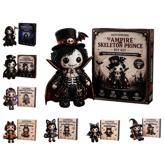 Halloween Patchwork Skeleton Witch Girl DIY Kit, Spooky Cute Skeleton Series Patchwork Kit, Beginner-Friendly Gothic Handmade Craft Set for Halloween Decor (Vampire Skeleton Prince)