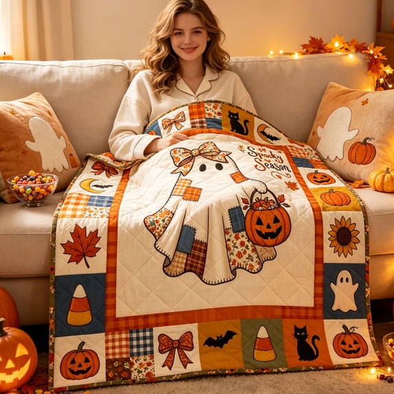 Halloween Patchwork Style Quilted Throw Blanket, Spooky Season Ghost Print Soft Quilt, Cozy Holiday Bed & Sofa Cover (Orange ,L)