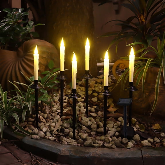 Halloween Pathway Marker String Lights - Solar Taper Candles Outdoor Waterproof,6 Packs LED Candlestick with Holders,Battery Operated Real Flame Effect Candle Lights for Outside Patio Table Decor