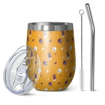 Halloween Pattern 12oz Stainless Steel Insulated Wine Tumbler with Lid and Straw – Double Wall Vacuum Mug for Hot & Cold Drinks, 304 Steel Interior, Sweat-Free Design. Trick or Treat !
