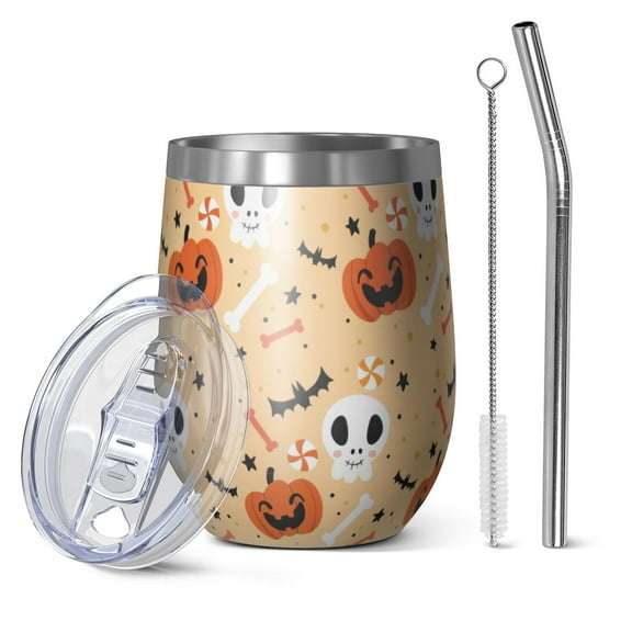 Halloween Pattern 12oz Stainless Steel Insulated Wine Tumbler with Lid and Straw – Double Wall Vacuum Mug for Hot & Cold Drinks, 304 Steel Interior, Sweat-Free Design. Trick or Treat !
