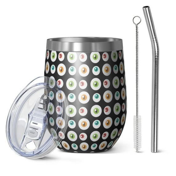 Halloween Pattern 12oz Stainless Steel Insulated Wine Tumbler with Lid and Straw – Double Wall Vacuum Mug for Hot & Cold Drinks, 304 Steel Interior, Sweat-Free Design. Trick or Treat !