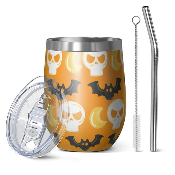 Halloween Pattern 12oz Stainless Steel Insulated Wine Tumbler with Lid and Straw – Double Wall Vacuum Mug for Hot & Cold Drinks, 304 Steel Interior, Sweat-Free Design. Trick or Treat !