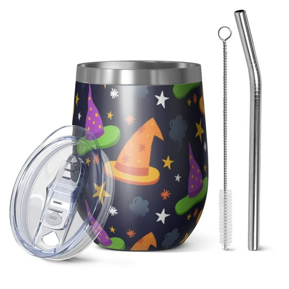 Halloween Pattern 12oz Stainless Steel Insulated Wine Tumbler with Lid and Straw – Double Wall Vacuum Mug for Hot & Cold Drinks, 304 Steel Interior, Sweat-Free Design. Trick or Treat !