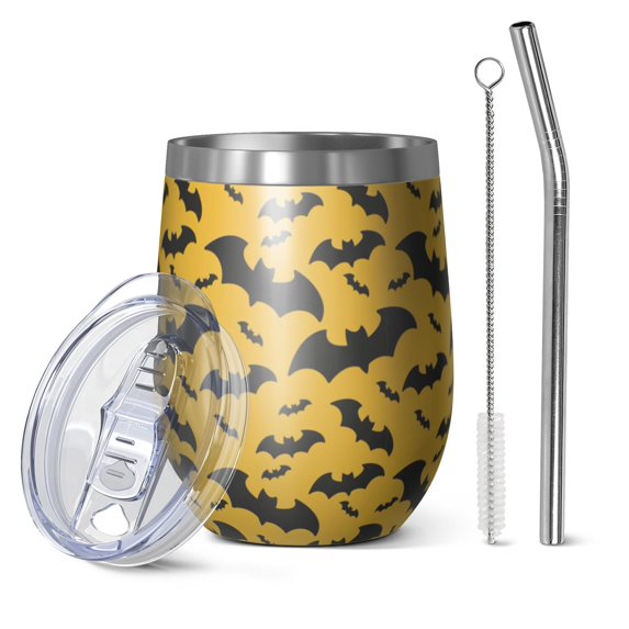 Halloween Pattern 12oz Stainless Steel Insulated Wine Tumbler with Lid and Straw – Double Wall Vacuum Mug for Hot & Cold Drinks, 304 Steel Interior, Sweat-Free Design. Trick or Treat !