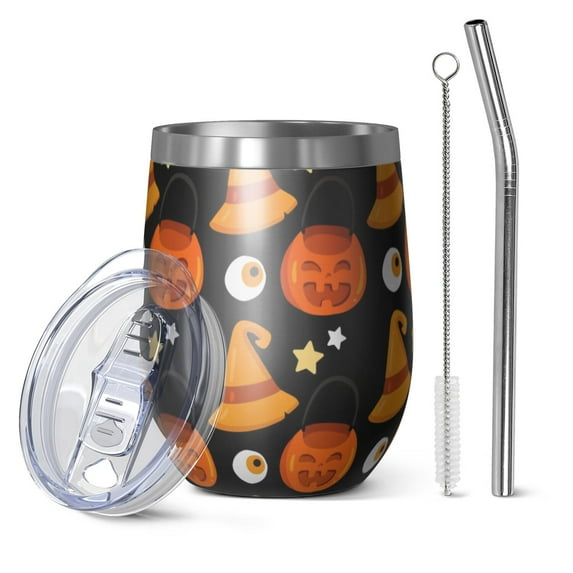 Halloween Pattern 12oz Stainless Steel Insulated Wine Tumbler with Lid and Straw – Double Wall Vacuum Mug for Hot & Cold Drinks, 304 Steel Interior, Sweat-Free Design. Trick or Treat !