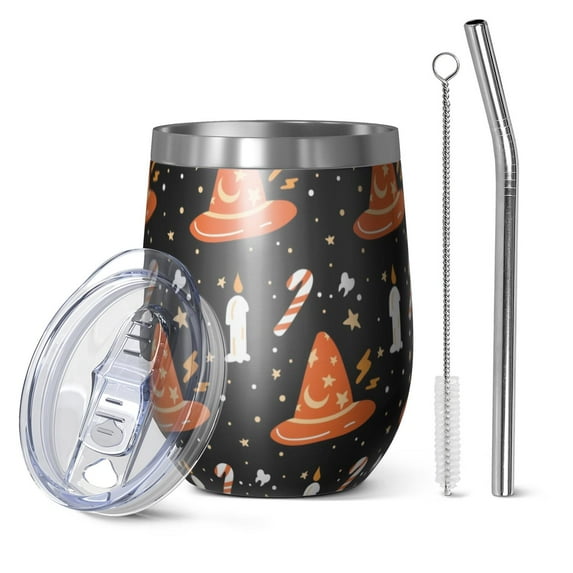 Halloween Pattern 12oz Stainless Steel Insulated Wine Tumbler with Lid and Straw – Double Wall Vacuum Mug for Hot & Cold Drinks, 304 Steel Interior, Sweat-Free Design. Trick or Treat !