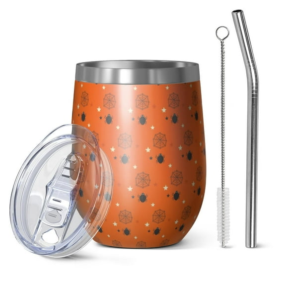 Halloween Pattern 12oz Stainless Steel Insulated Wine Tumbler with Lid and Straw – Double Wall Vacuum Mug for Hot & Cold Drinks, 304 Steel Interior, Sweat-Free Design. Trick or Treat !