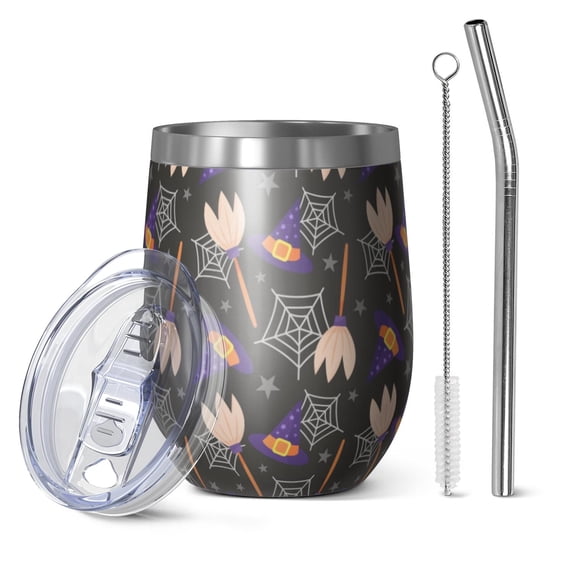 Halloween Pattern 12oz Stainless Steel Insulated Wine Tumbler with Lid and Straw – Double Wall Vacuum Mug for Hot & Cold Drinks, 304 Steel Interior, Sweat-Free Design. Trick or Treat !
