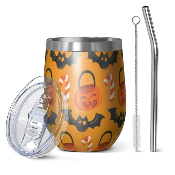 Halloween Pattern 12oz Stainless Steel Insulated Wine Tumbler with Lid and Straw – Double Wall Vacuum Mug for Hot & Cold Drinks, 304 Steel Interior, Sweat-Free Design. Trick or Treat !
