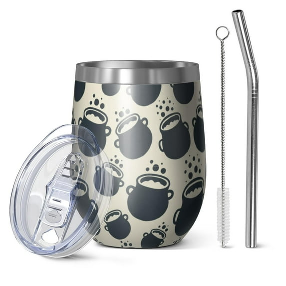 Halloween Pattern 12oz Stainless Steel Insulated Wine Tumbler with Lid and Straw – Double Wall Vacuum Mug for Hot & Cold Drinks, 304 Steel Interior, Sweat-Free Design. Trick or Treat !
