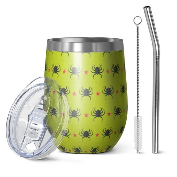 Halloween Pattern 12oz Stainless Steel Insulated Wine Tumbler with Lid and Straw – Double Wall Vacuum Mug for Hot & Cold Drinks, 304 Steel Interior, Sweat-Free Design. Trick or Treat !