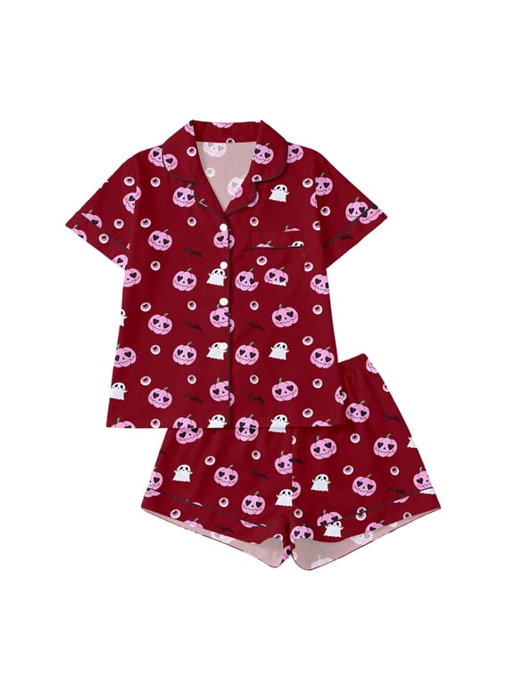 Halloween Pattern 2 Piece Sleep Set For Women, Short Sleeve Lapel Shirt And Elastic Waist Shorts Soft Loungewear Size S To XXL