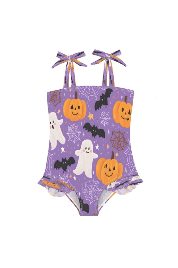 Halloween Pattern Ghost Girls' One-Piece Swimsuit Bowknot Tie Shoulder Ruffled Stretchy Quick Dry