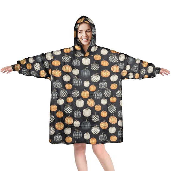Halloween Pattern Pumpkin Black Wearable Blanket Hoodie, Flannel Oversized Sweatshirt Blanket with Sleeves & with Sleeves & Pockets, Comfort Gifts Ideas for Reading Watching TV and Relaxi