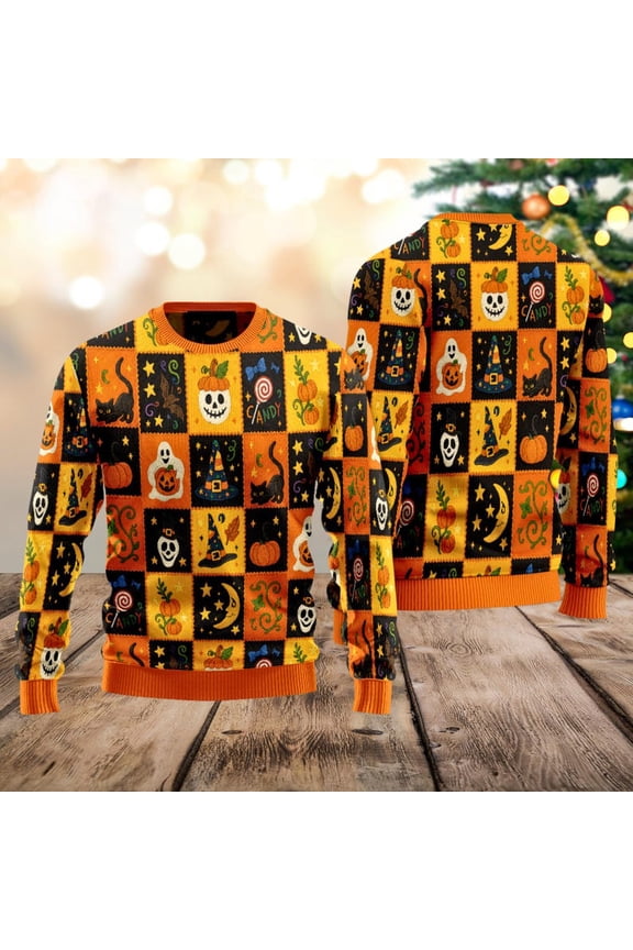 Halloween Pattern Ugly Sweater, Cute Ghost Shirt, Vintage Halloween Patchwork, Pumpkin Black Cat Sweatshirt, Spooky Season Gift