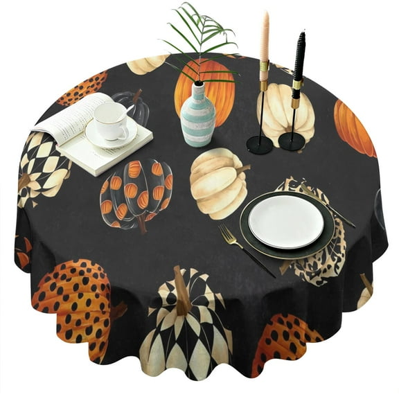 Halloween Patterned Pumpkins (2) Round Tablecloth 60"x60",Wrinkle Wipeable Table Cloth for Kitchen Dining Room Picnic Patio Party
