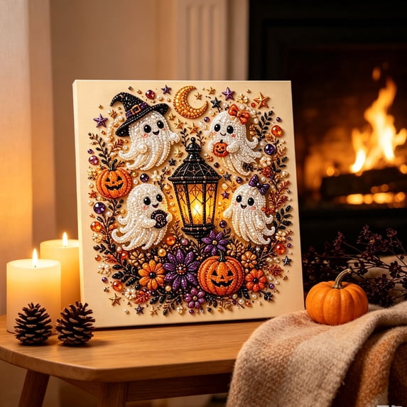 Halloween Pearl Art DIY Kit, 3D Spooky Cute Diamond Painting Craft for Adults Wall Decor, Sparkling Crystal Bead Fall Artwork Set, Relaxing Beginner Friendly Holiday Project