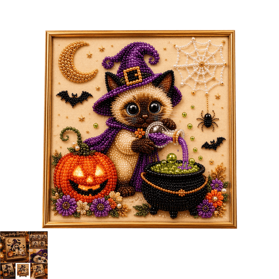 Halloween Pearl Art DIY Kit, 7.87 Inch Square Witch Cat Pearl Diamond Painting Set, All-in-One DIY Bead Art Kit with Picture Frame & Stand, Seasonal Craft Project for Family Indoor Decoration E