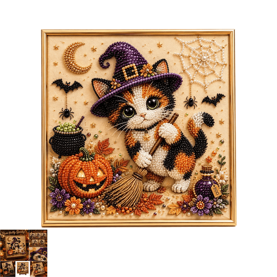 Halloween Pearl Art DIY Kit, 7.87 Inch Square Witch Cat Pearl Diamond Painting Set, All-in-One DIY Bead Art Kit with Picture Frame & Stand, Seasonal Craft Project for Family Indoor Decoration D
