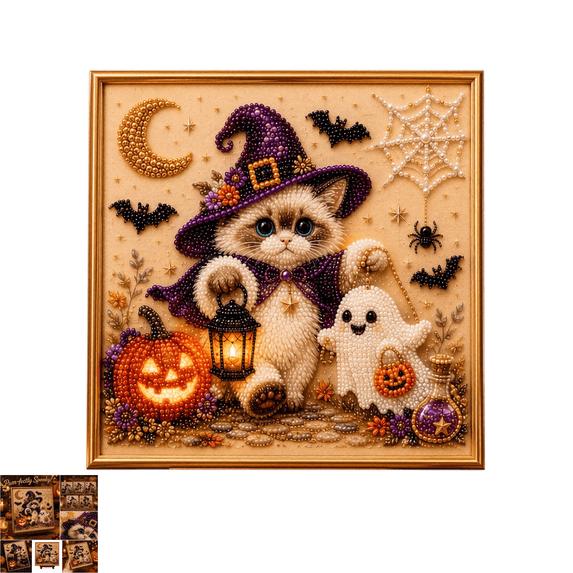Halloween Pearl Art DIY Kit, 7.87 Inch Square Witch Cat Pearl Diamond Painting Set, All-in-One DIY Bead Art Kit with Picture Frame & Stand, Seasonal Craft Project for Family Indoor Decoration A