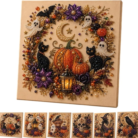 Halloween Pearl Art DIY Kit, Cute Ghost Pumpkin Moon Mosaic Pearl Painting Set, Sparkling Fall Wall Decor Craft Gift for Beginners Adults