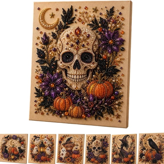 Halloween Pearl Art DIY Kit, Cute Ghost Pumpkin Moon Mosaic Pearl Painting Set, Sparkling Fall Wall Decor Craft Gift for Beginners Adults