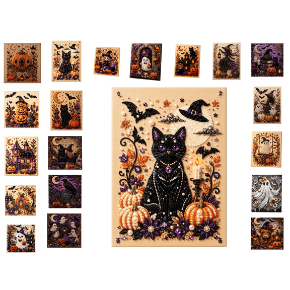 Halloween Pearl Art DIY Kit, Handmade 3D Pearl Mosaic Canvas Painting Kit, Spooky Halloween Themed Decor Craft for Home Living Room Wall (Black Cat)