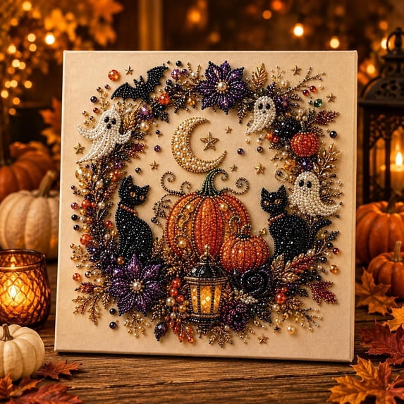 Halloween Pearl Art DIY Kit, Moon Black Cat Pumpkin Ghost Elements, Pearl Art DIY Kit for Party Craft, Halloween Pearl Diamond Art Kit, DIY Pearl Diamond Painting Art Kit for Home Decor