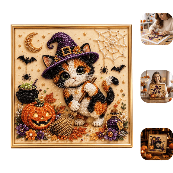 Halloween Pearl Art DIY Kit, Multiple Styles Kitten Witch Beaded Diamond Painting Craft Kit, Complete Art Supplies with Display Easel, DIY Ornament for Halloween Tabletop Decor & Cat Lovers Gift D