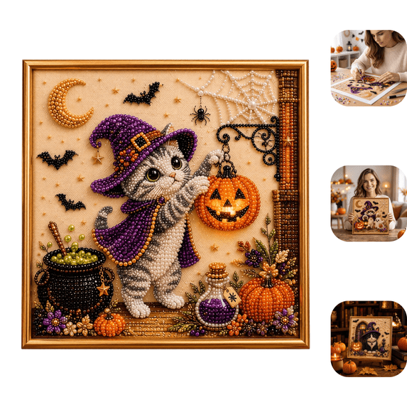 Halloween Pearl Art DIY Kit, Multiple Styles Kitten Witch Beaded Diamond Painting Craft Kit, Complete Art Supplies with Display Easel, DIY Ornament for Halloween Tabletop Decor & Cat Lovers Gift F