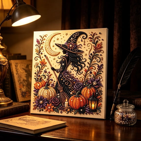 Halloween Pearl Art DIY Kit, Spooky Cute 3D Diamond Painting Craft for Adults Home Wall Decor, Sparkling Crystal Bead Fall Artwork Set, Beginner Friendly Holiday Party Gift Idea