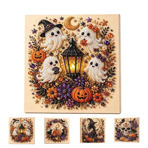 Halloween Pearl Art Kit, Cute 3D Crystal Bead Art Including Ghosts Black Cat & Pumpkin Skull Witch, Beginner DIY Seasonal Party Gift
