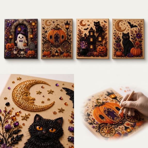 Halloween Pearl Art Kit, Cute Pumpkin Pearl Art DIY Kit, Halloween Ghost Beaded Art DIY Kit for Home Office Living Room Study Party Birthday Housewarming (B)