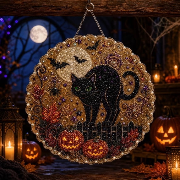 Halloween Pearl Art Kits for Adults Pearl Diamond Art Diy Kits Halloween Decorations DIY Pearl Painting Kit for Adults & Beginners(Black cat)