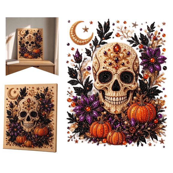 Halloween Pearl DIY Kit 3D Relief Sugar Skull Art 20cm Embossed Decorative Painting for Home Desk Ornament, Creative Holiday Gift for Adults(Skeleton)