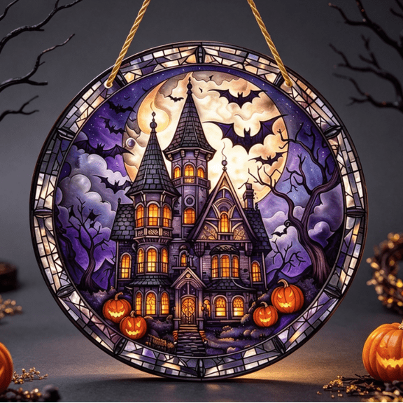 Halloween Pearl Diamond Art Hanging Ornament Kit, Halloween Pearls Beads Art, Arts Window Suncatchers, DIY Halloween Pearls Painting Kit for Home Wall Decor Cozy Halloween (Haunted Castle)