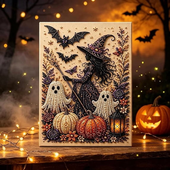 Halloween Pearl Diamond Art Kit,Witch and Ghost 3D Crystal Bead Full Drill Design with Easy Beginner Friendly Craft,Perfect Fall Halloween Home Wall Art for Party Display Seasonal Gifts