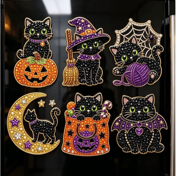 Halloween Pearl Diamond Art Painting Fridge Magnet, Moon Black Cat Pumpkin Cat Pattern Diamond Painting Magnets, Fun 5D DIY Craft Kit for Adults & Kids Family Halloween Activities 6pcs