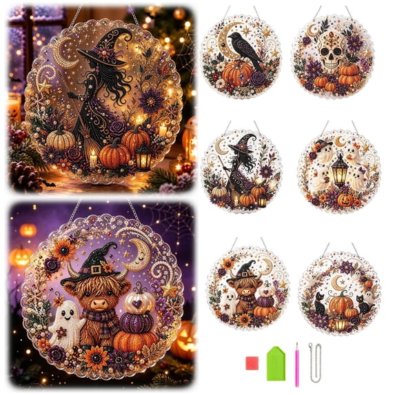 Halloween Pearl Diamond Painting Kit, DIY Craft Pre-Assembled Metal Chain, Acrylic Round Board with Lace Edge, 3D Mixed-Sized Pearl Beads Craft, Festive Window Wall Decor